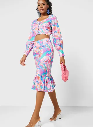 Puff Sleeves Crop Top & Frilled Skirt Set