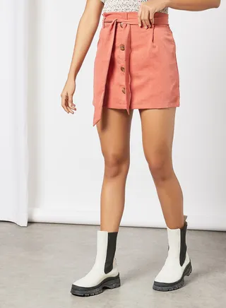 Faux Buttoned Mini Skirt Pink
