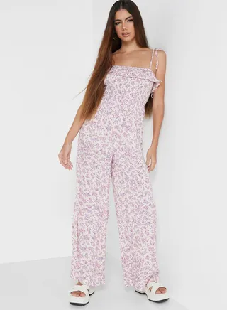 Tie Shoulder Printed Jumpsuit