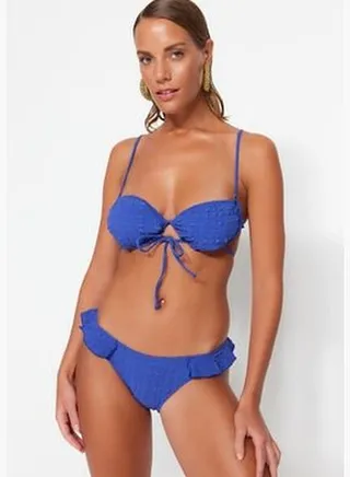Navy Blue Textured Bikini With Frills, Regular Leg Bikini Bottom TBESS23BA00146
