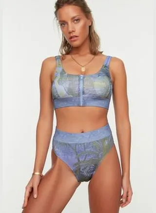 Indigo Canvas De Jouy Patterned High Waist Bikini Bottoms TBESS22BA0028