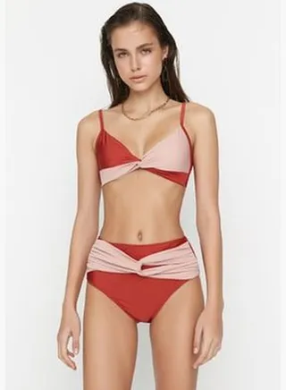 High Waist Draped Bikini Bottoms With Knot Detail TBESS22BA0106