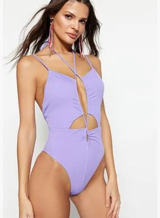 Lilac Deep V-Neck Cut Out/Windowed High Leg Swimsuit TBESS23MA00069