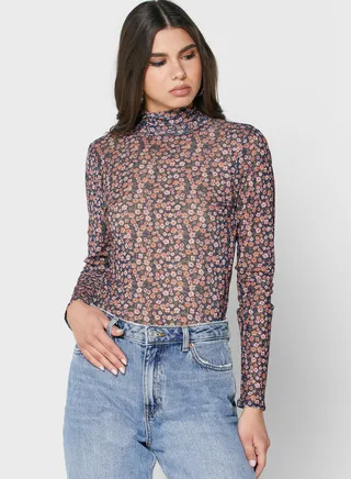 High Neck Printed Top