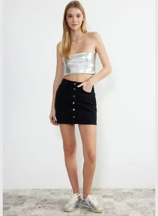 Black Buttoned Front High Waist Mini Denim Skirt