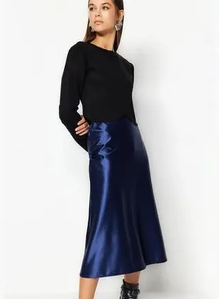 Indigo Premium Satin A-Line/Awning A-Line Formal Midi Knit Skirt TWOAW24ET00088