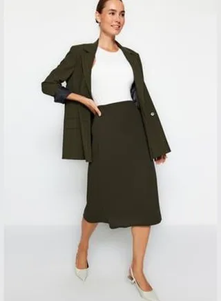 Khaki Double Breasted Closed Crepe Midi Knitted Skirt TWOAW24ET00128