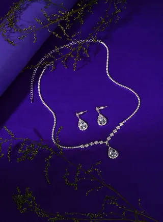 Silver Plated Designer Stone Necklace and Earring Set