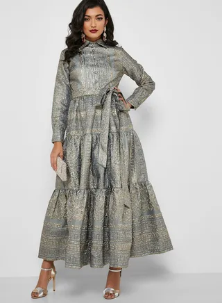 Tiered Belted Jacquard Dress