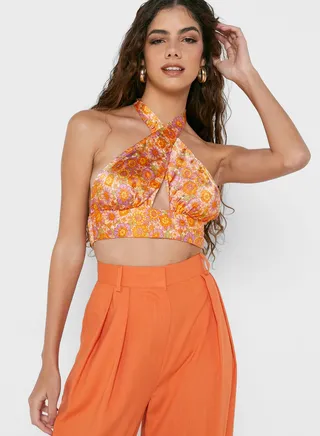 Halter Neck Floral Print Crop Top