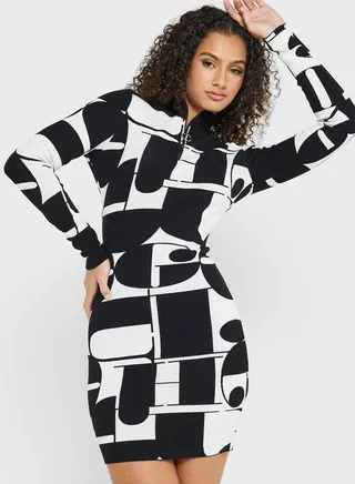 High Neck Printed Dress