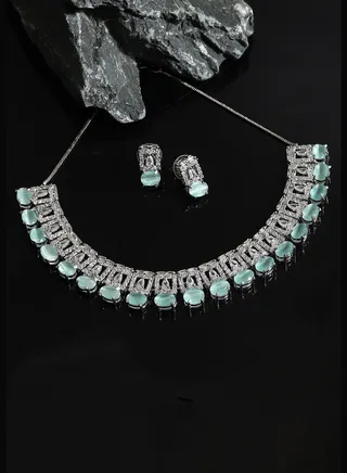 Silver Plated American Diamond and Designer Stone Party Necklace and Earring Set For Women