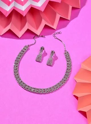 Silver Plated Designer Stone Necklace and Earring Set