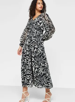 Printed Button Detail Dress