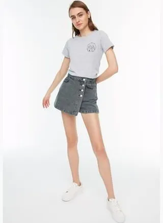 Gray Button Detailed High Waist Denim Shorts Skirt TWOSS22SR0448