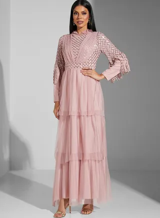 Leen Aboushaar Shimmer Sleeve Layered Dress