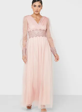 Sheer Sleeve Embroidery Dress