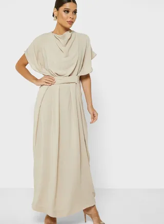 Belted Asymmetric Pleat Detail Dress
