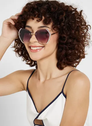 Diamante Trim Angular Lens Sunglasses