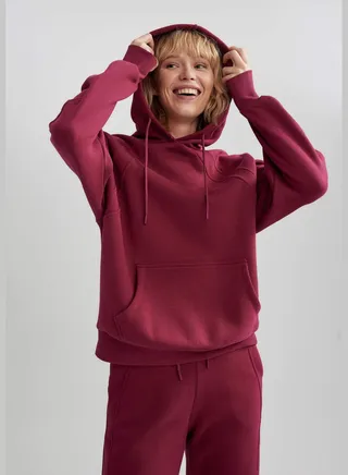 Woman Oversize Fit Hooded Long Sleeve Knitted Sweatshirt