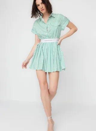 Striped Pocket Detail Pleated Dress