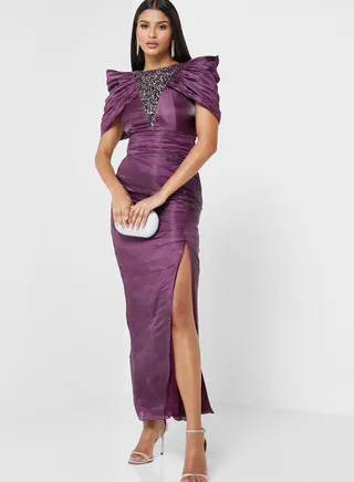 Ruched Detail Dress With Slit