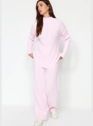 Light Pink Hair Knit Sweater-Pants Knitwear Bottom-Top SetTCTAW24US00105
