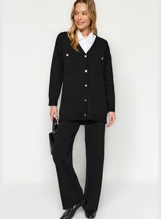 Black Buttoned Cardigan-Pants Sweater Top-Upper Set TCTAW24US00048