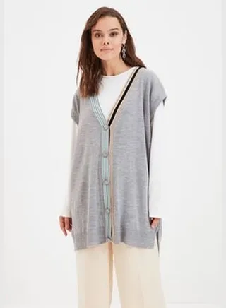 Gray Collar with Stripe Detailed Knitwear Sweater TCTAW22UV0002