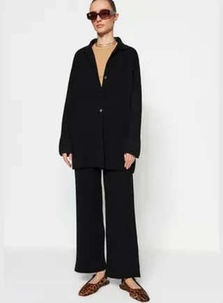 Black Slit Detailed Cardigan-Pants Knitwear Set TCTAW23US00028