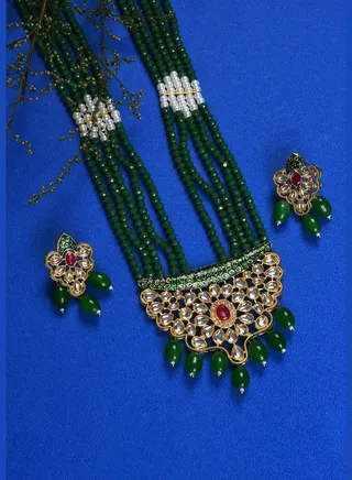 Gold Plated Kundan Beaded Necklace and Earrings Set
