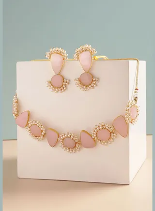 Gold Plated Designer Stone Party Necklace and Earring Set For Women