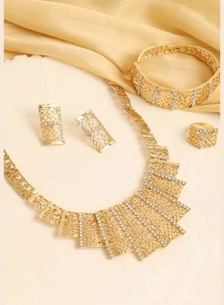 Gold Plated Designer Stone Necklace, Earring, Ring and Bracelet Set