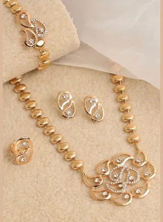 Gold Plated Designer Stone Necklace, Earring, Ring and Bracelet Set