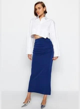 Navy Blue Premium with a Glossy Finish and Soft Textured Draping Maxi Knitted Skirt TWOAW24ET00090