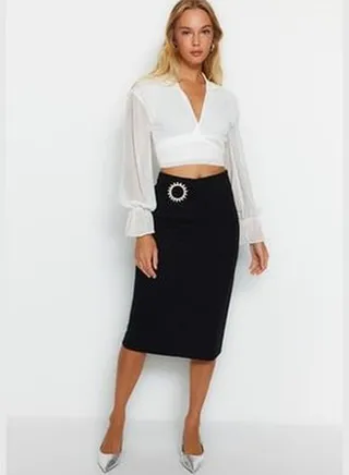Black Crepe Midi Knitted Skirt With Buckle TWOAW24ET00218