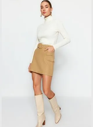 Mink Tie Detail Faux Leather Mini Woven Skirt TWOAW24ET00203