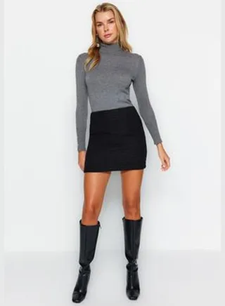 Black Tweed Fabric Mini Woven Skirt TWOAW24ET00273