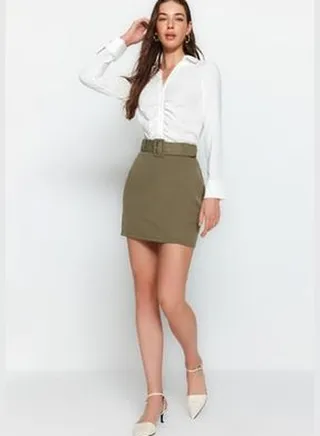 Khaki Belt Detailed Mini Woven Skirt TWOSS19ST0201