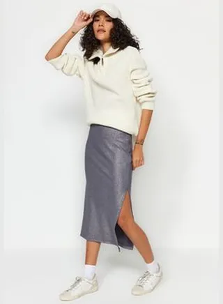 Anthracite Metallic/Leather Knitted Midi Skirt with Slit Detail TWOAW24ET00332
