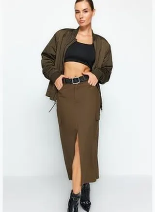 Khaki Knitted Slit Midi Skirt TWOAW24ET00050