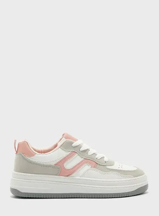 Platform Chunky Trainers In White With Pink Detail