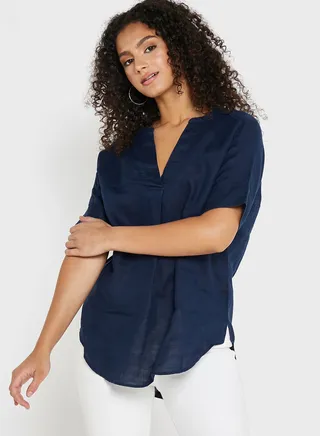 Pure Linen Short Sleeve Popover Blouse