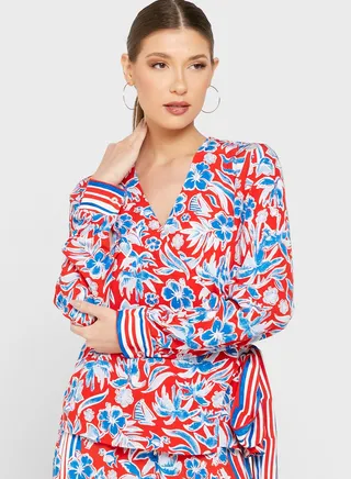 V-Neck Tie Detail Printed Top