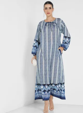 Drawstring Detail Printed Jalabiya