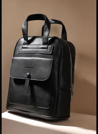 Solid Zip Lock Regular Vegan Leather Backpack For Women