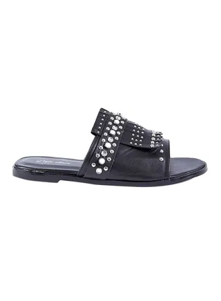 Faux Leather Studded Flat Sandals Black