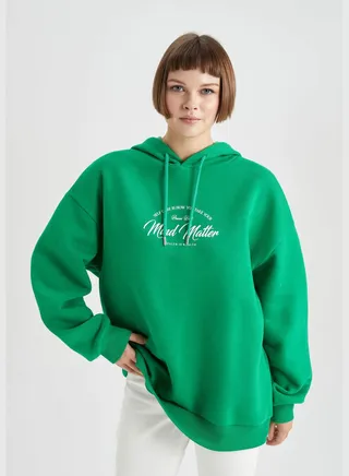 Woman Oversize Fit Hooded Long Sleeve Knitted Sweatshirt