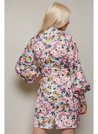 Little Mistress Satin Floral Wrap Dress