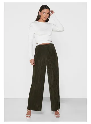 Little Mistress Plisse Khaki Trousers With Elasticated Waist.
